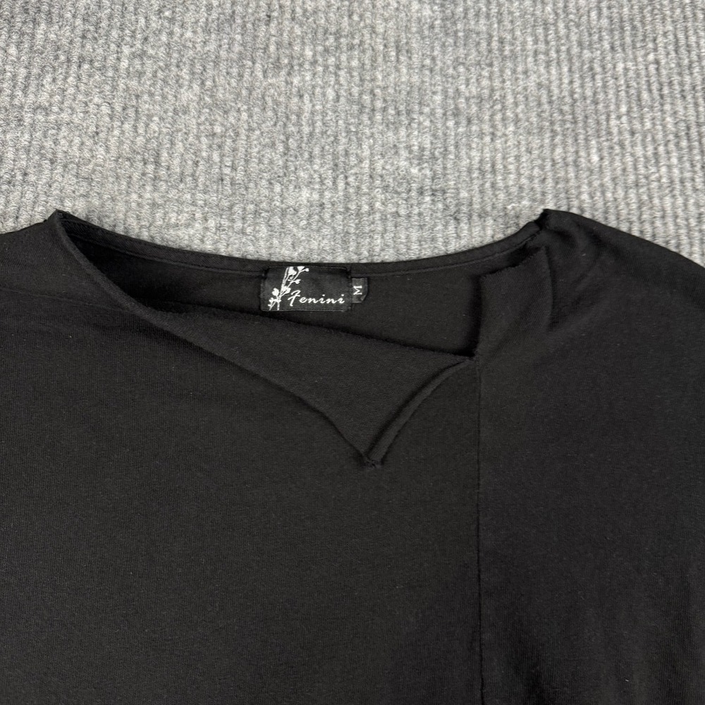 Fenini Top Womens M Black Asymmetric Raw Hem Pocket Short Sleeve USA Made Cotton - Picture 3 of 10